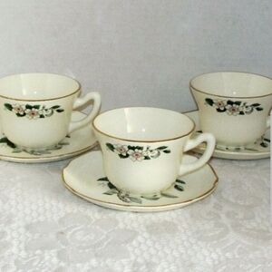 3 Vintage 1950's Georgian China Hawthorne Cups & Saucers Dogwood 22 kt Gold